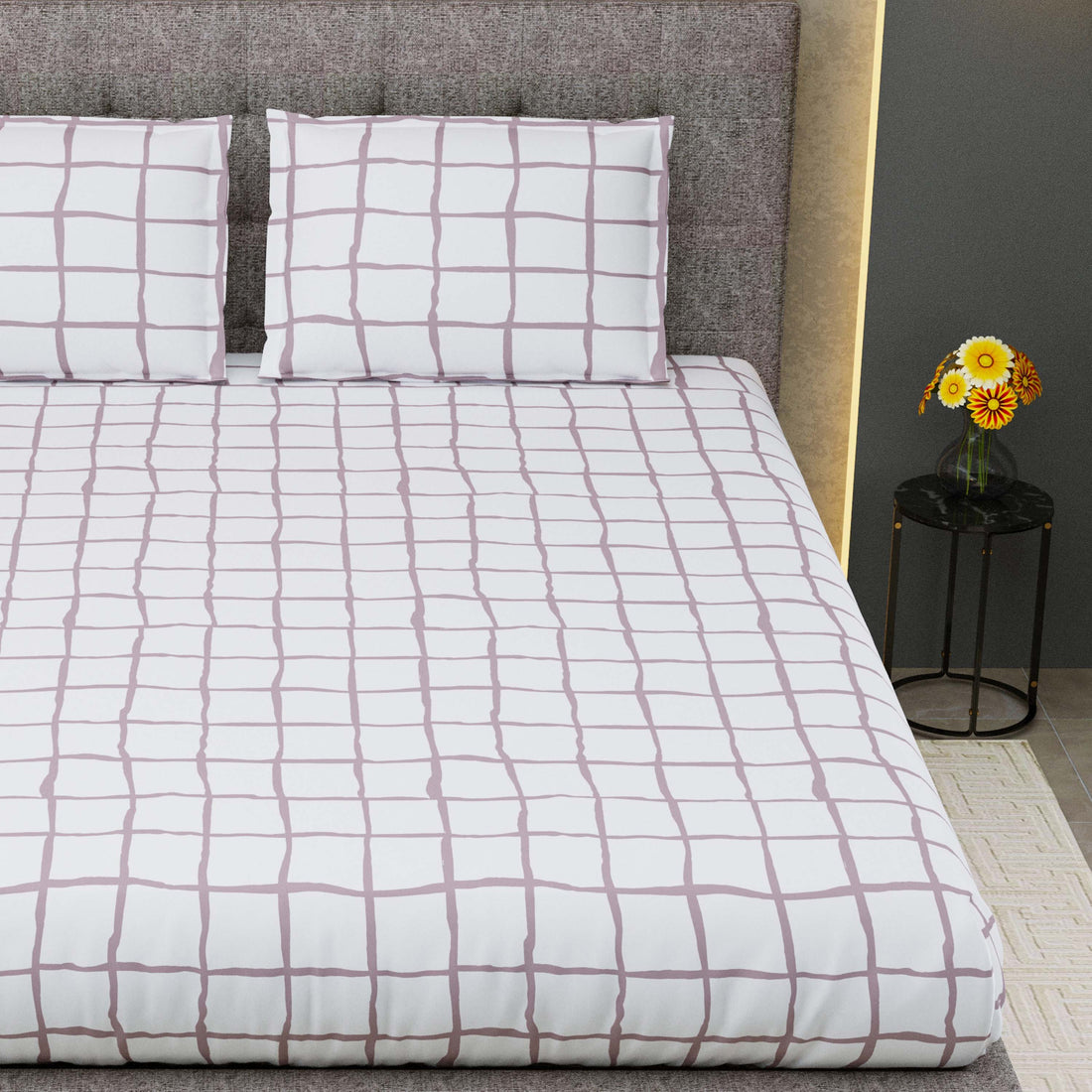 Printed Bedsheet- Double Bed -Check-Pink