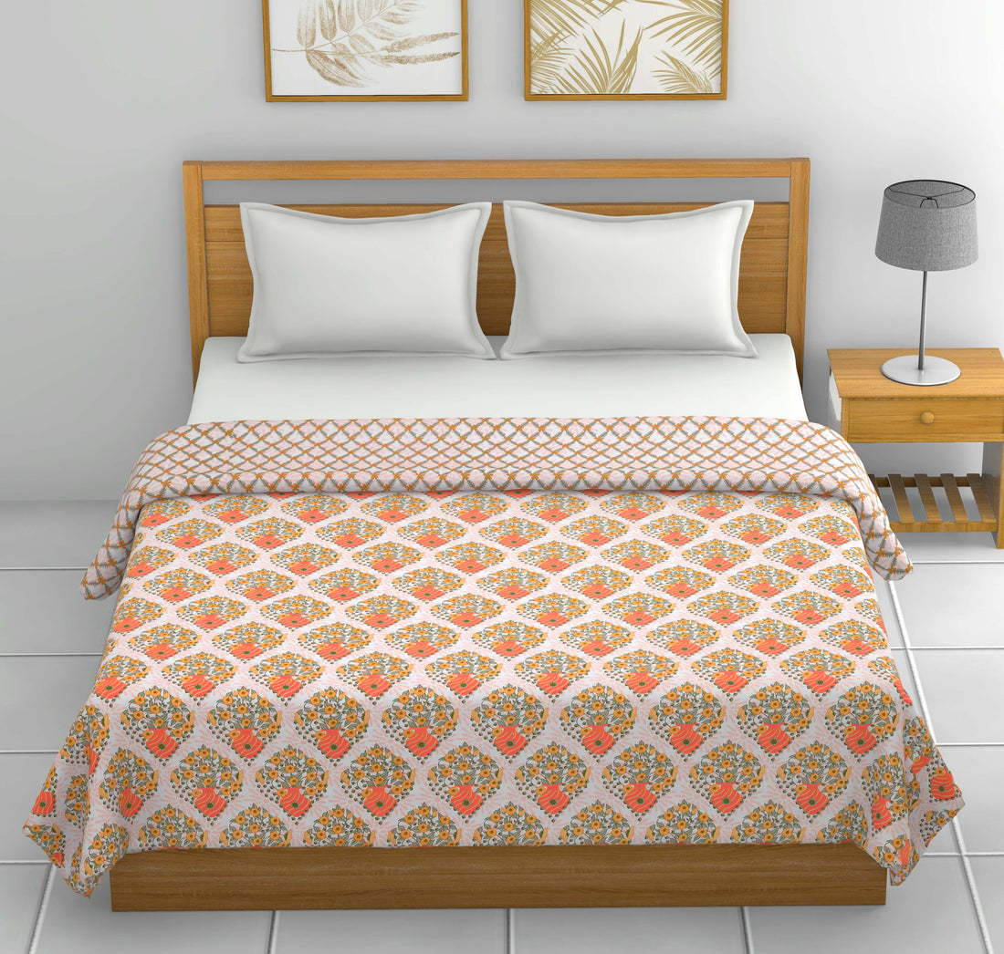 Dohar Cotton-Double Bed- Orange FlowerVase
