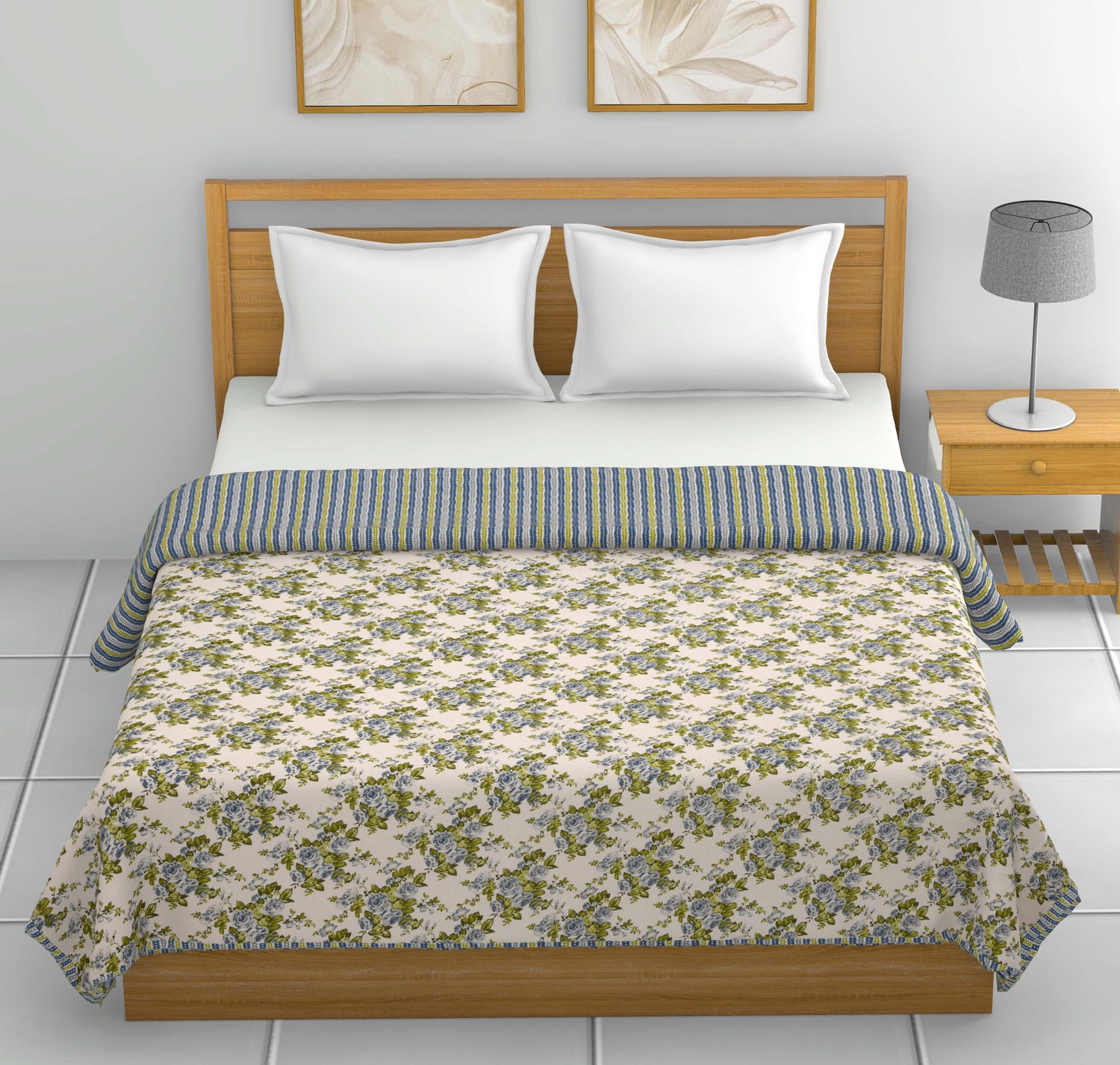 Dohar Cotton-Double Bed-Rose Bouquet Green N Blue