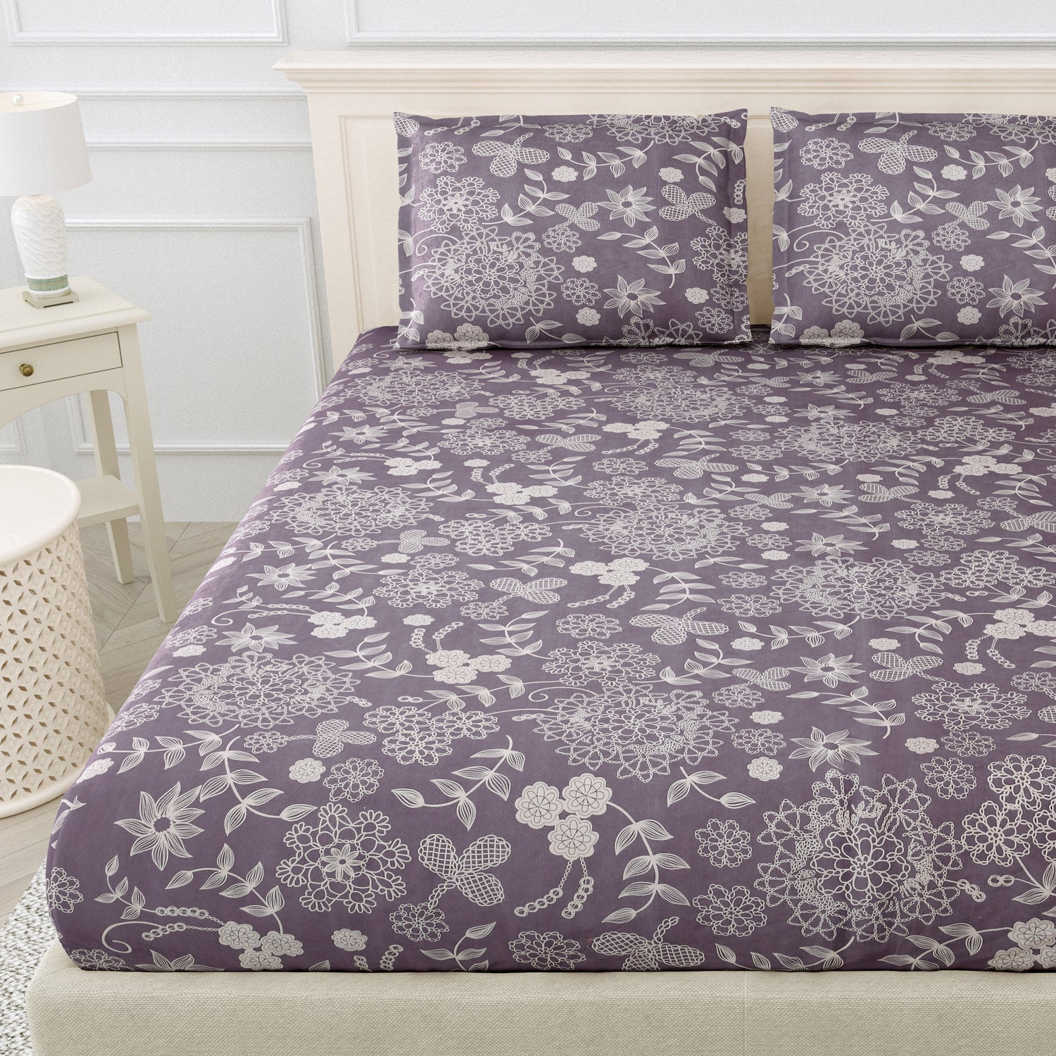 Printed Bedsheet- Double Bed -Gray floral