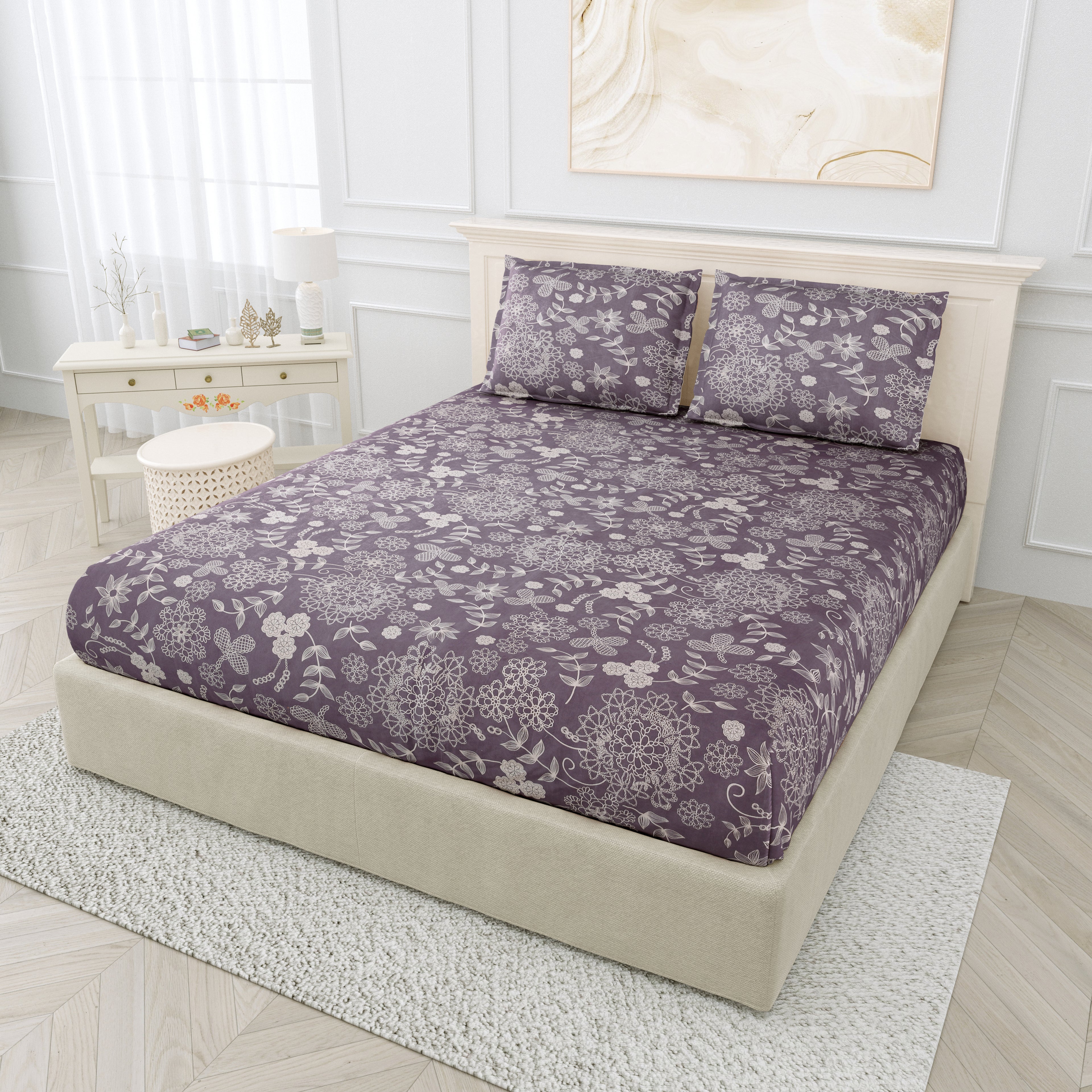 Printed Bedsheet- Double Bed -Gray floral