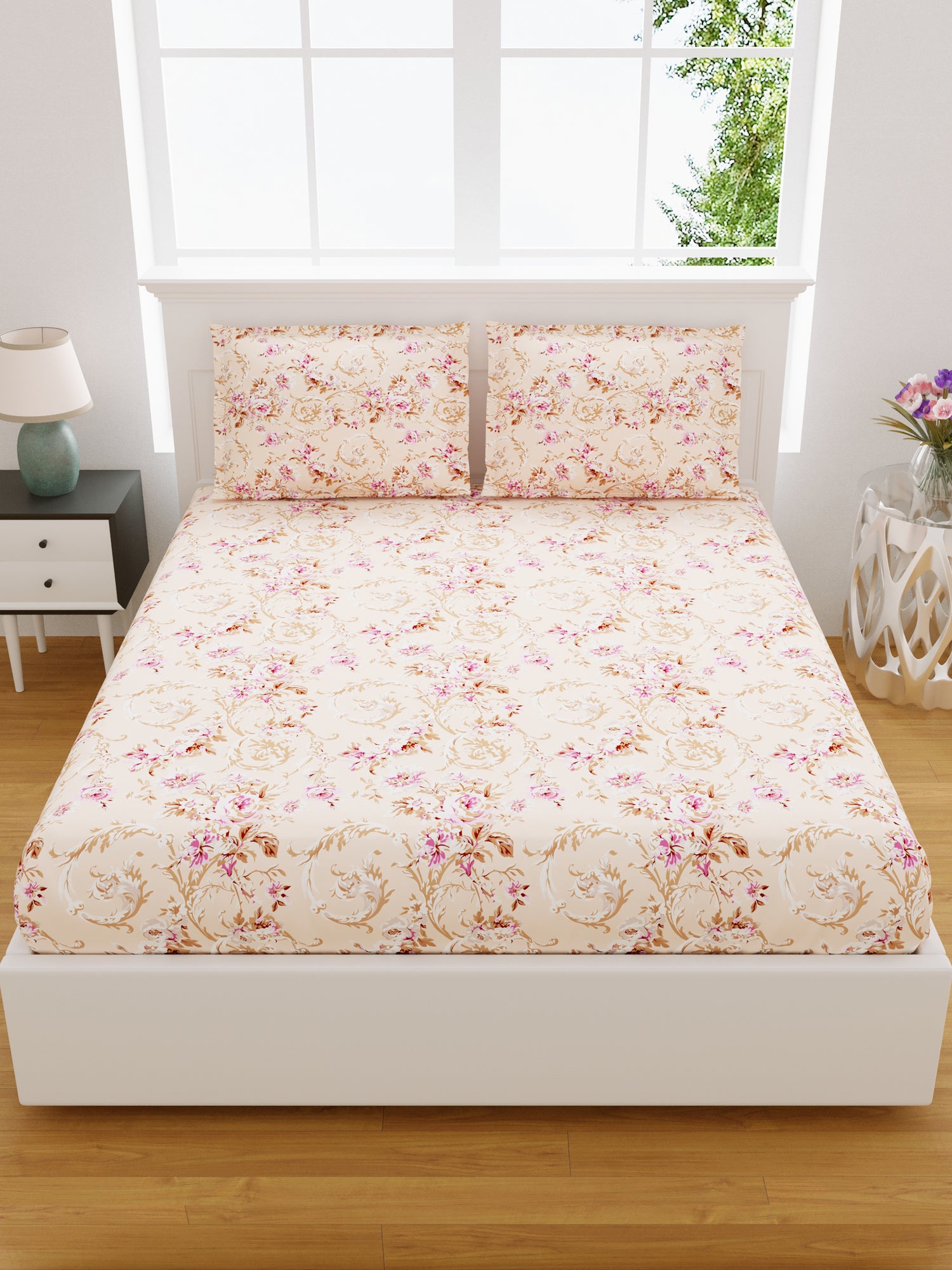Printed Bedsheet- Double Bed -Daisy Beige Rose
