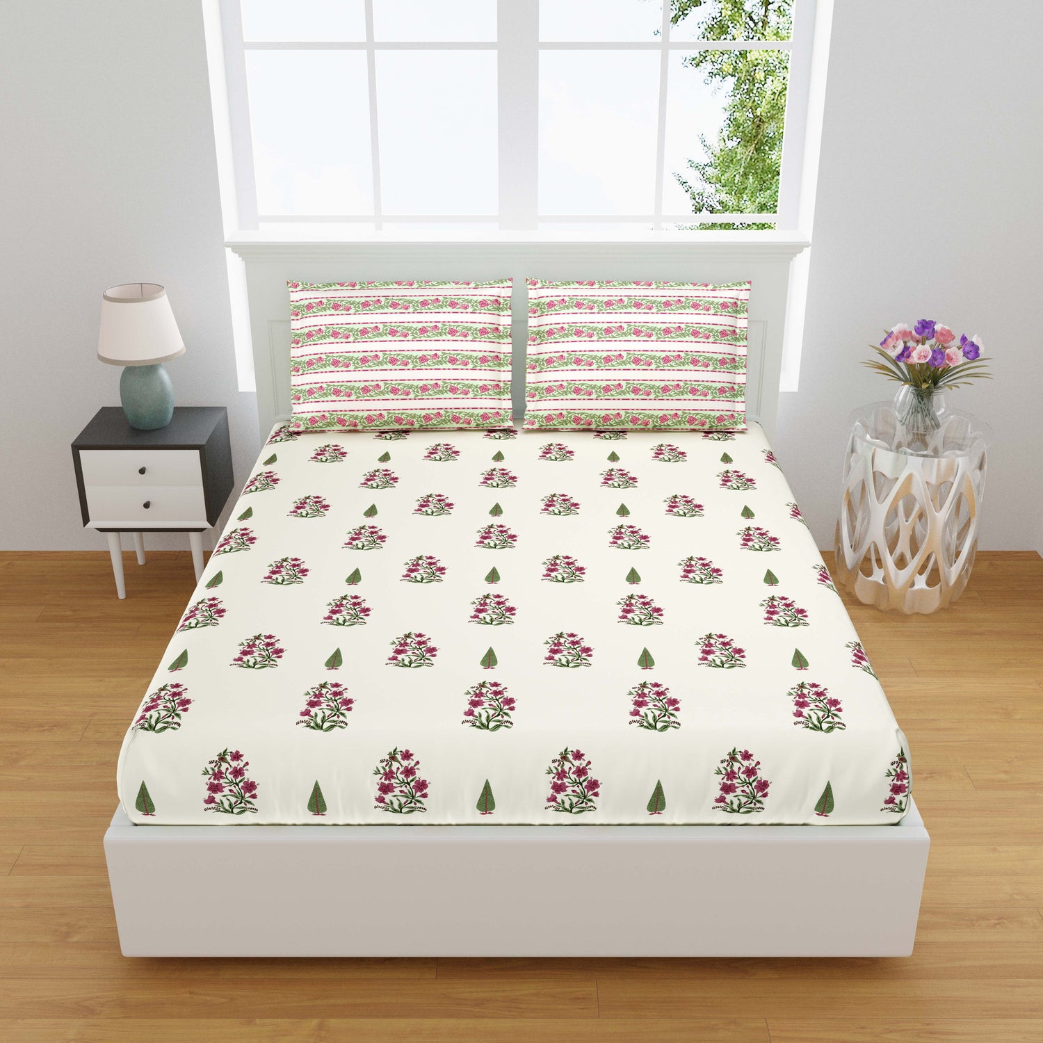 Ethnic Prints Bedsheet- Double Bed -Daisy Red