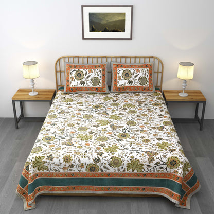 Ethnic Prints Bedsheet- Double Bed -Golden Green Flora