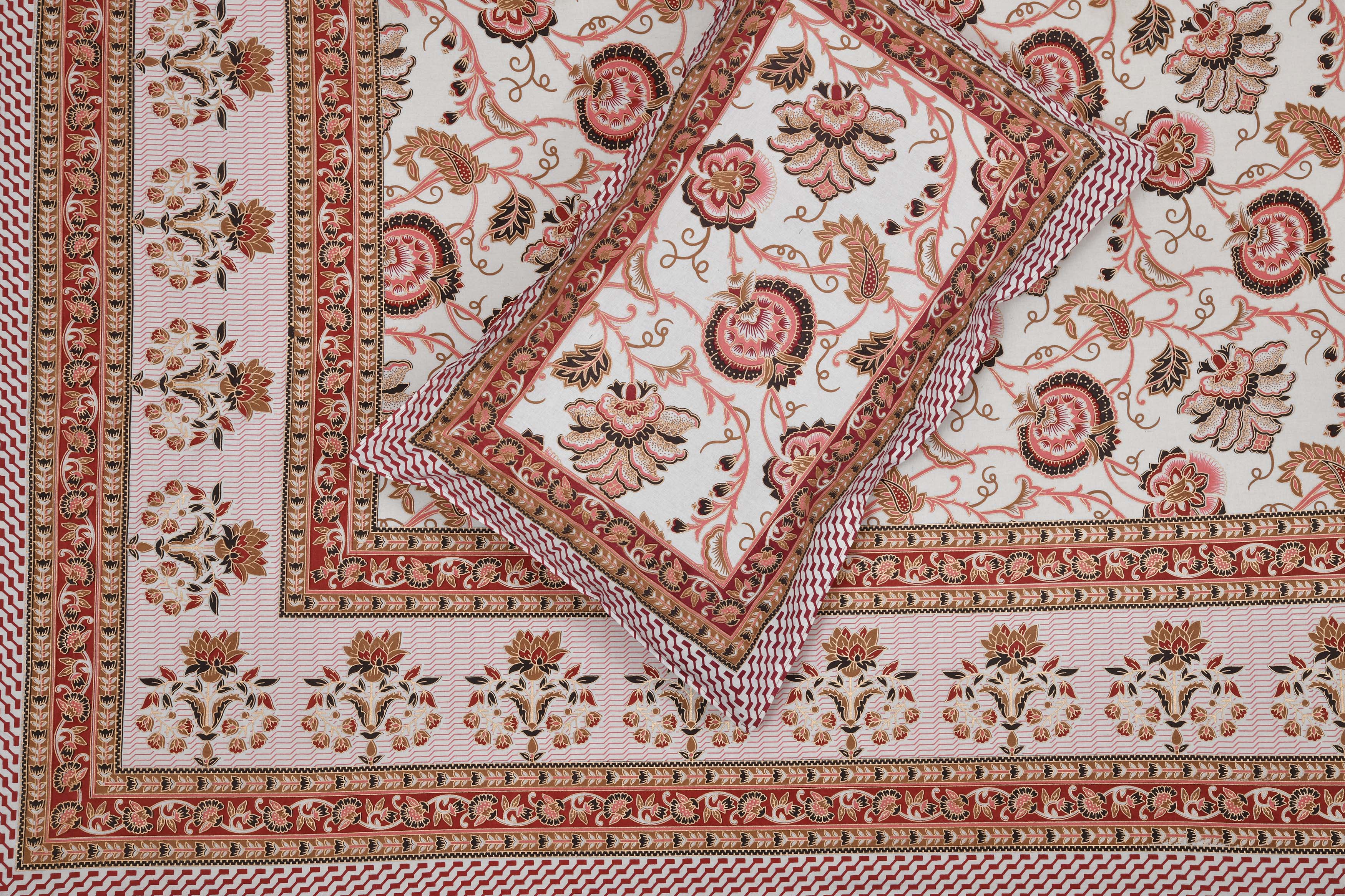 Ethnic Prints Bedsheet- Double Bed -Golden Pink Bouquet