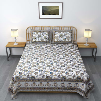 Ethnic Prints Bedsheet- Double Bed -Golden Blue Bouquet
