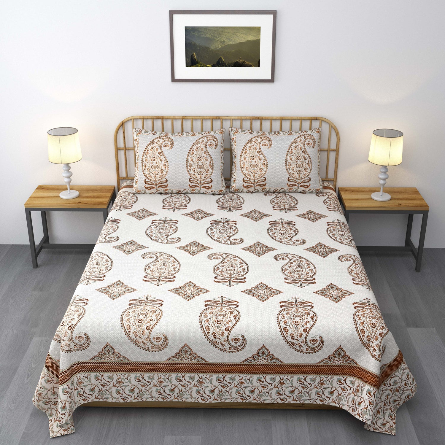 Ethnic Prints Bedsheet- Double Bed -Golden Light Blue Paisely