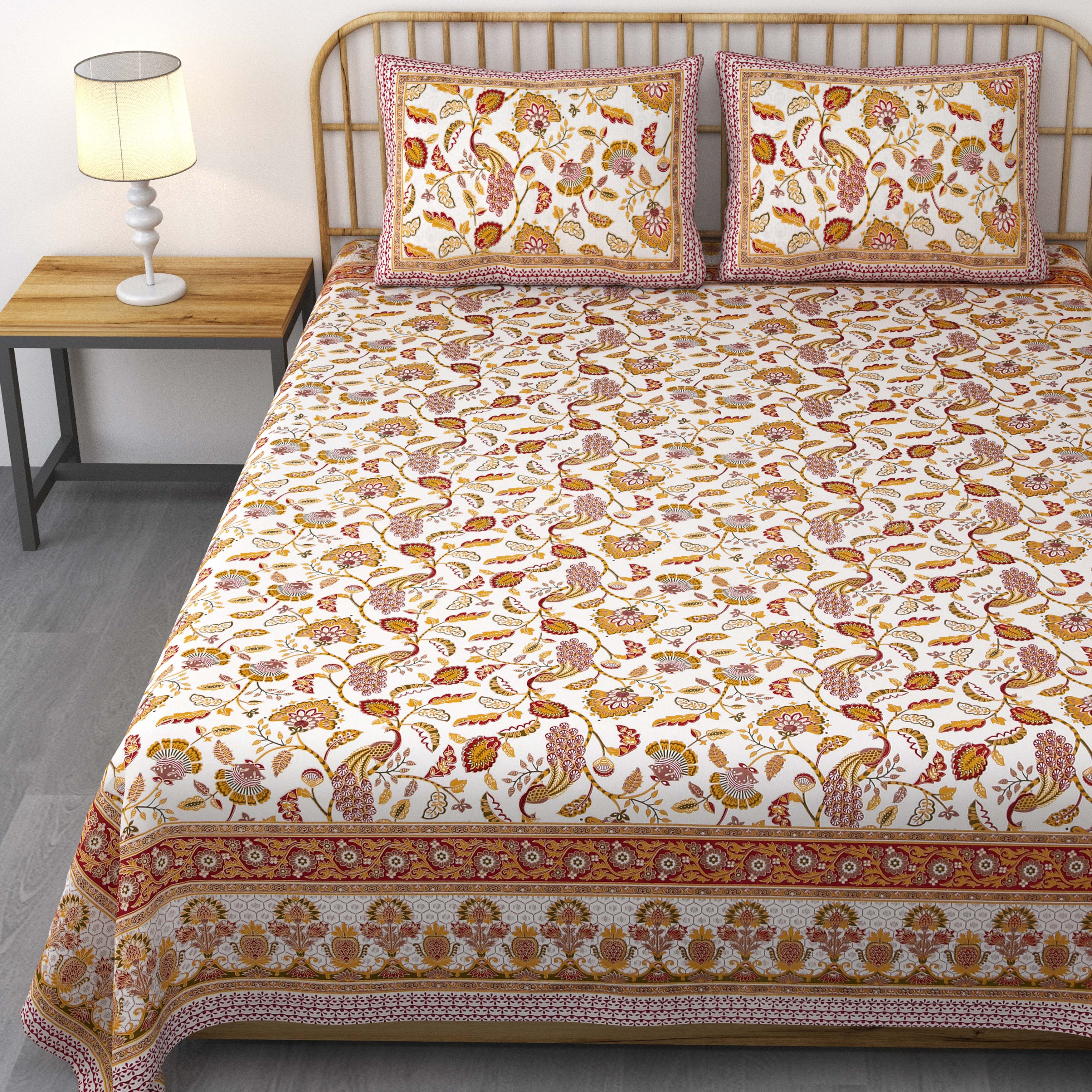 Ethnic Prints Bedsheet- Double Bed - Golden Yellow Peacock