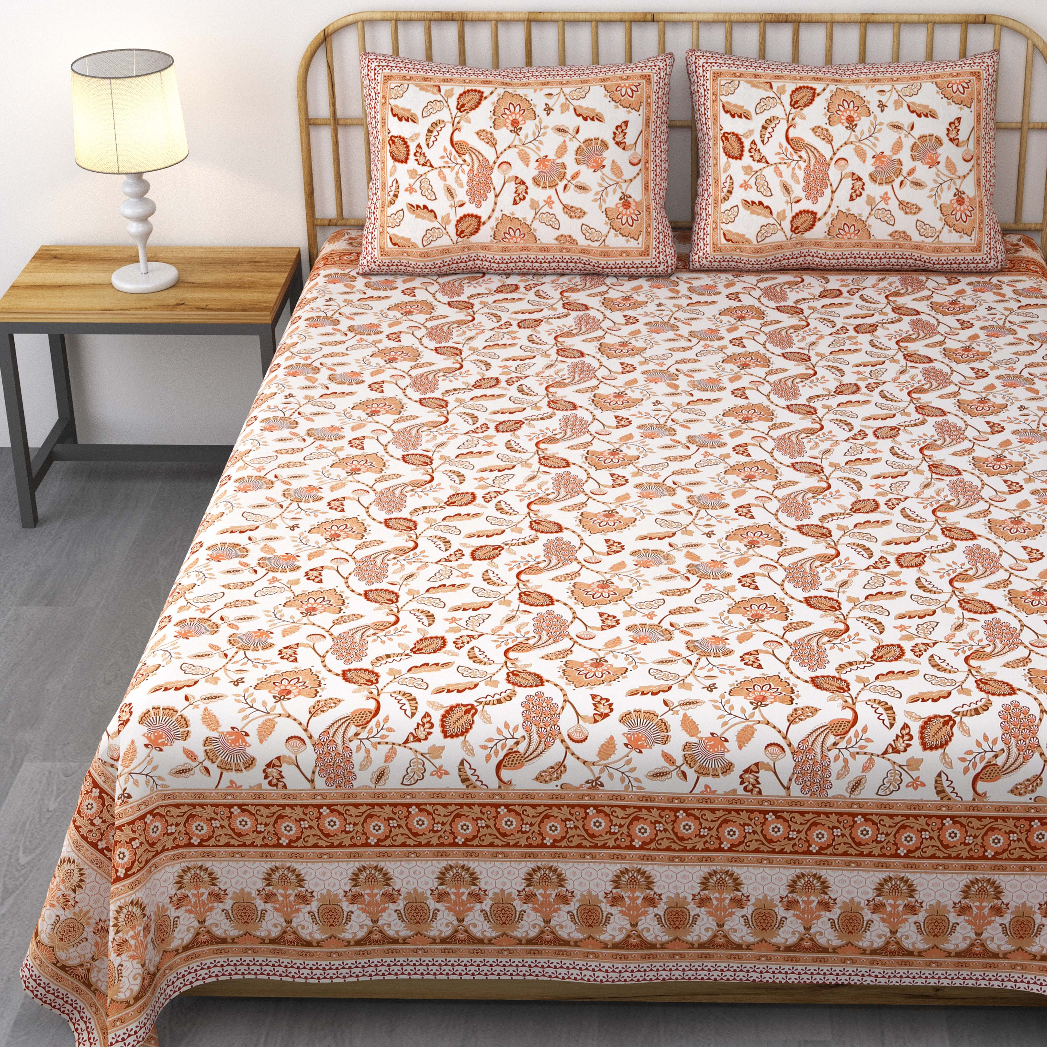 Ethnic Prints Bedsheet- Double Bed -Golden Peach Peacock