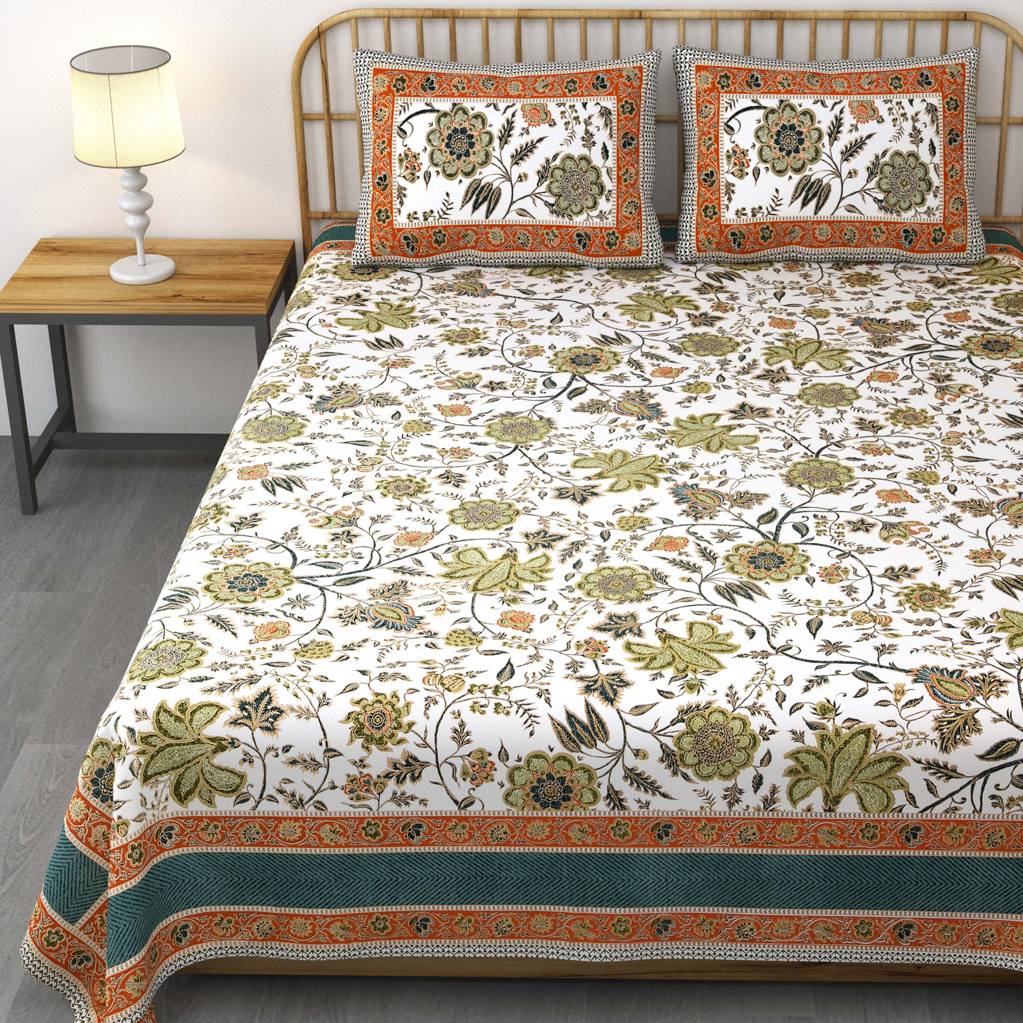 Ethnic Prints Bedsheet- Double Bed -Golden Green Flora