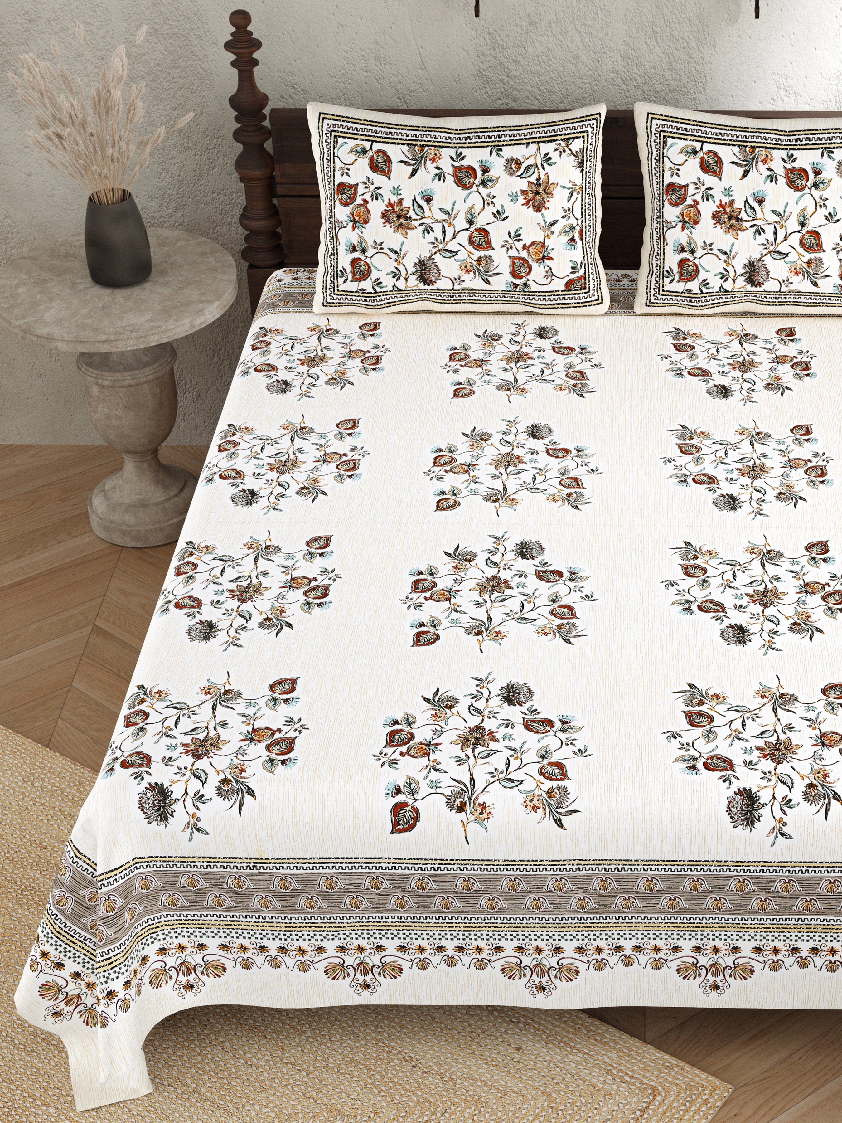 Ethnic Print Bedsheet-Double Bed-Multi Floral-Grayish Blue
