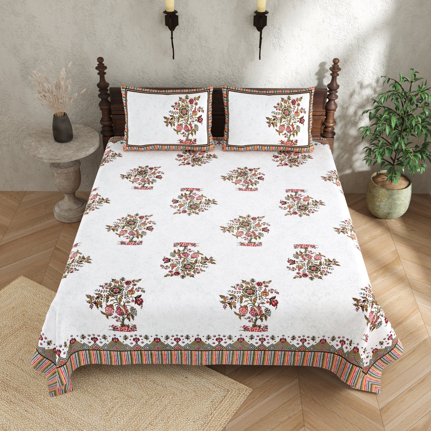 Ethnic Print Bedsheet - Double Bed - BlossomTree - Pink n Olive green