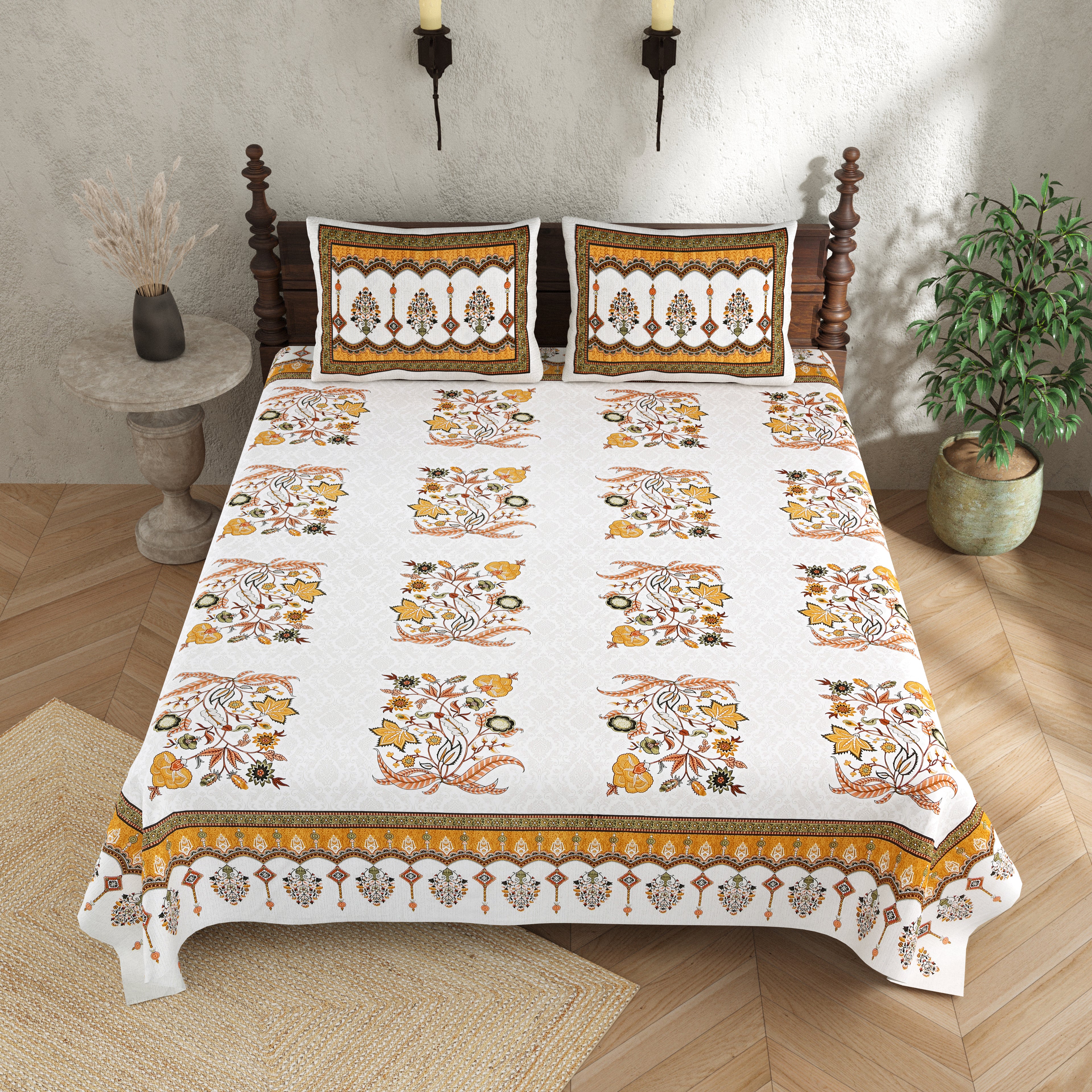 Ethnic Print Bedsheet-Double Bed-Mughal Buta-Yellow