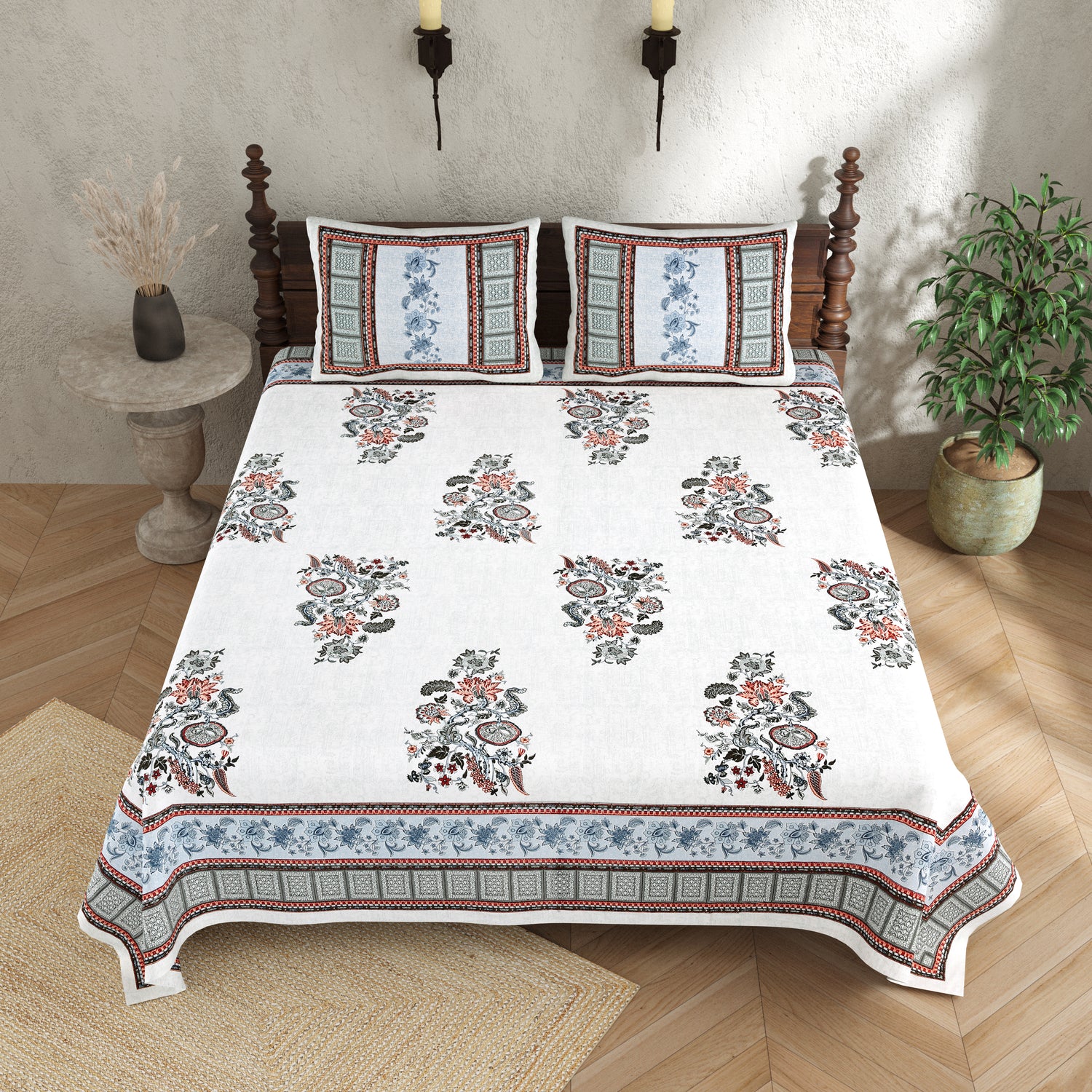 Ethnic Print Bedsheet - Double Bed - Bel Buta - Blue n Multi