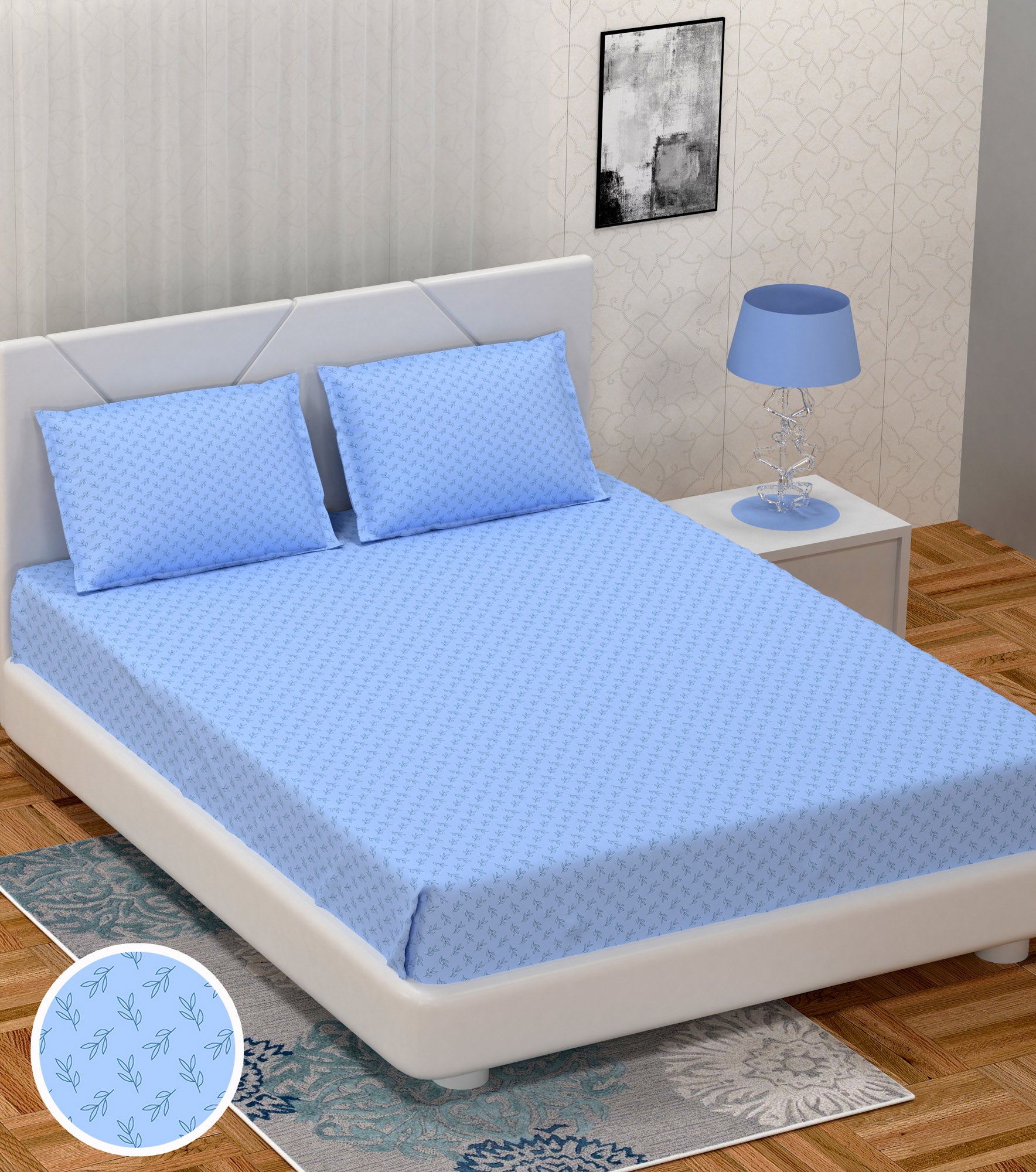 Printed Bedsheet- Double Bed -Leaves-Light Blue