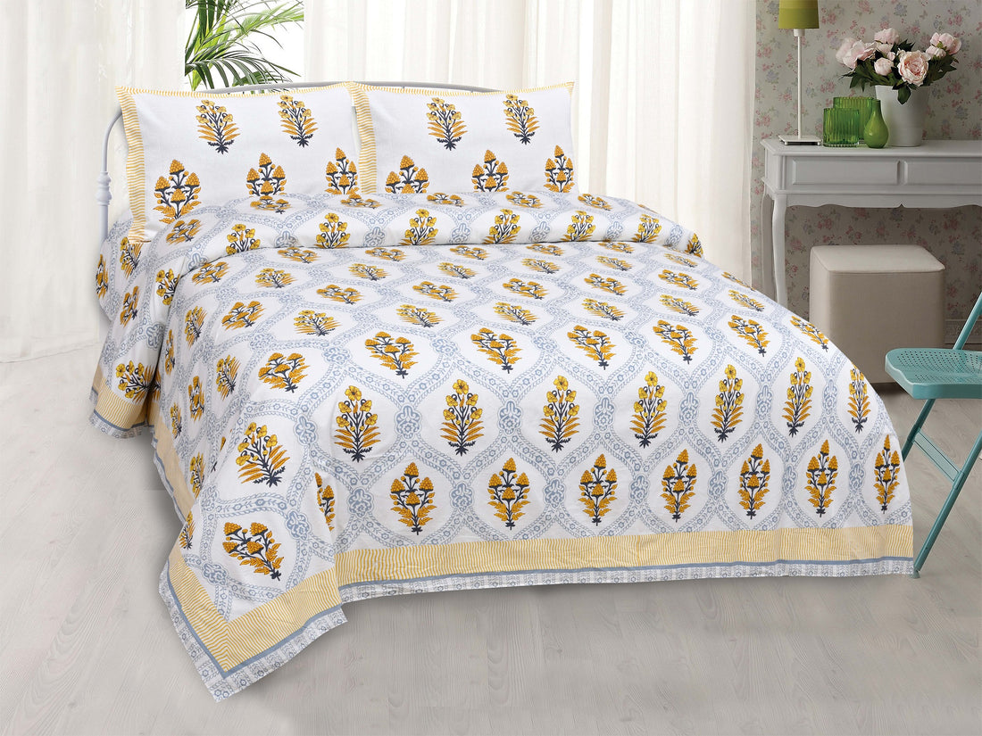 Ethnic Prints Bedsheet- Double Bed - Patterned Flower Tree - Yellow