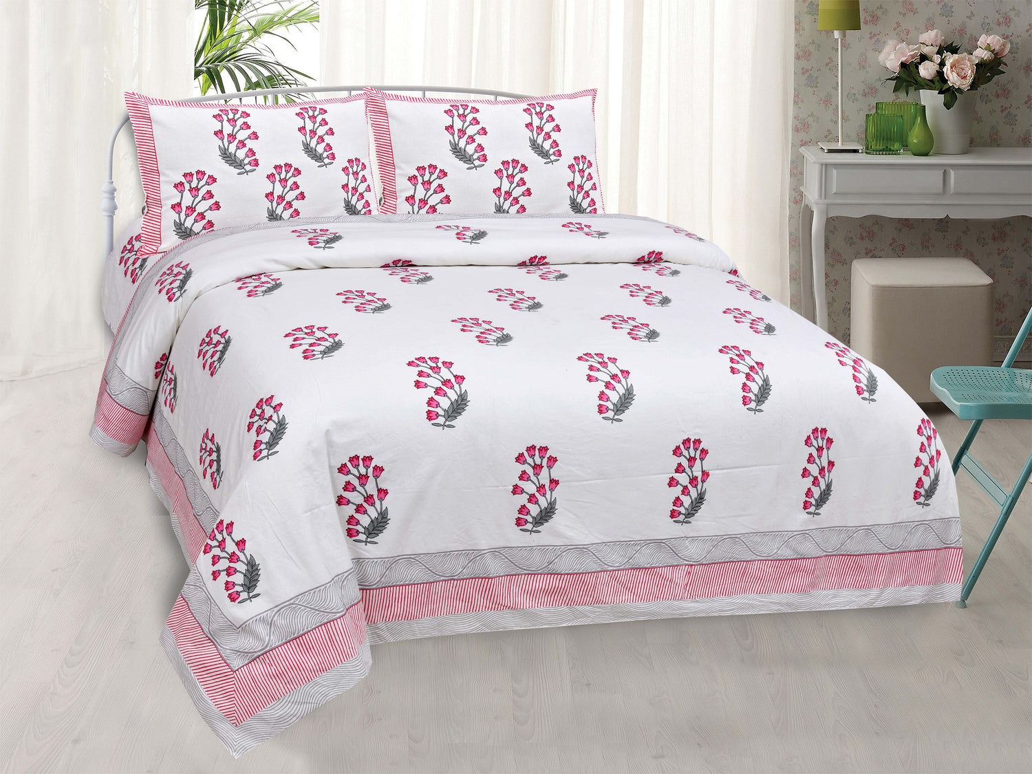 Ethnic Prints Bedsheet- Double Bed - Tulip Motifs - Pink