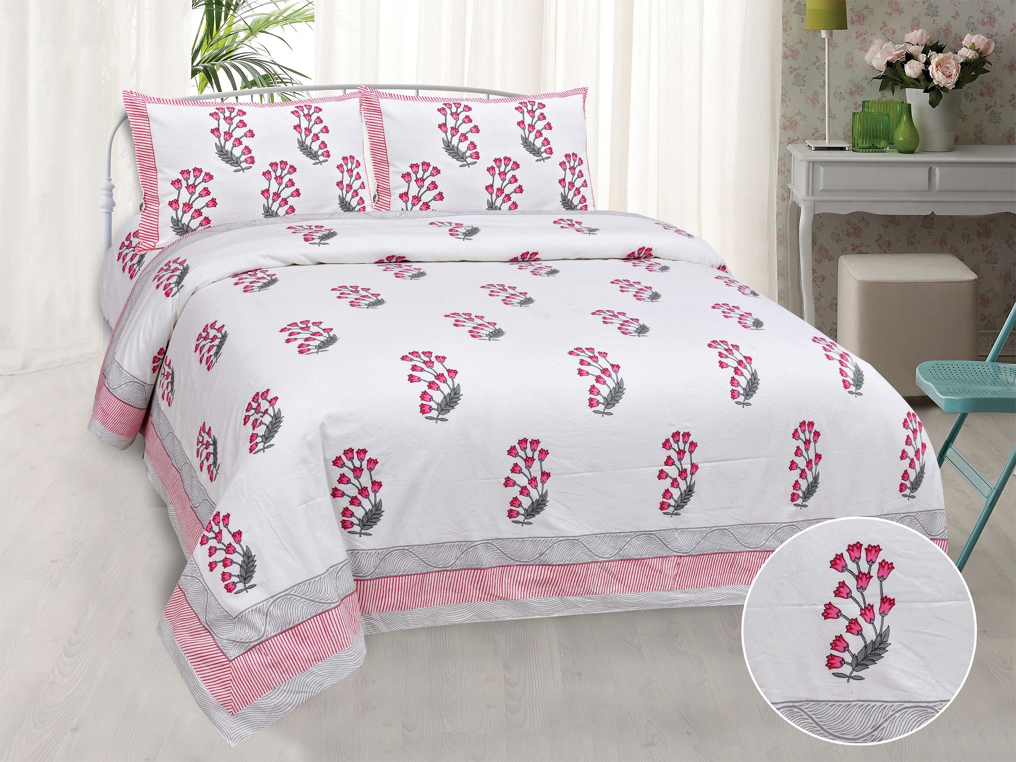Ethnic Prints Bedsheet- Double Bed - Tulip Motifs - Pink