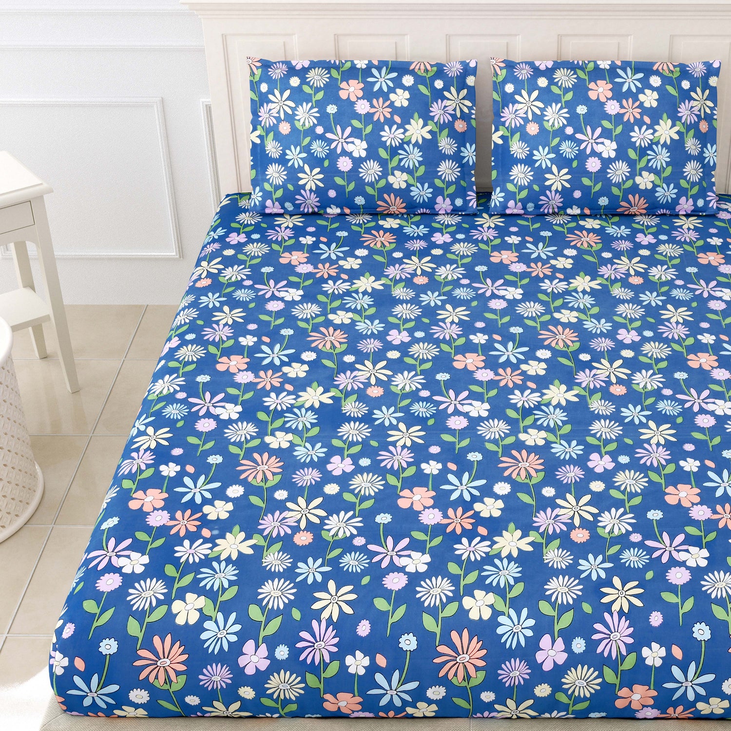 Printed Bedsheet- Double Bed -Blue Floral
