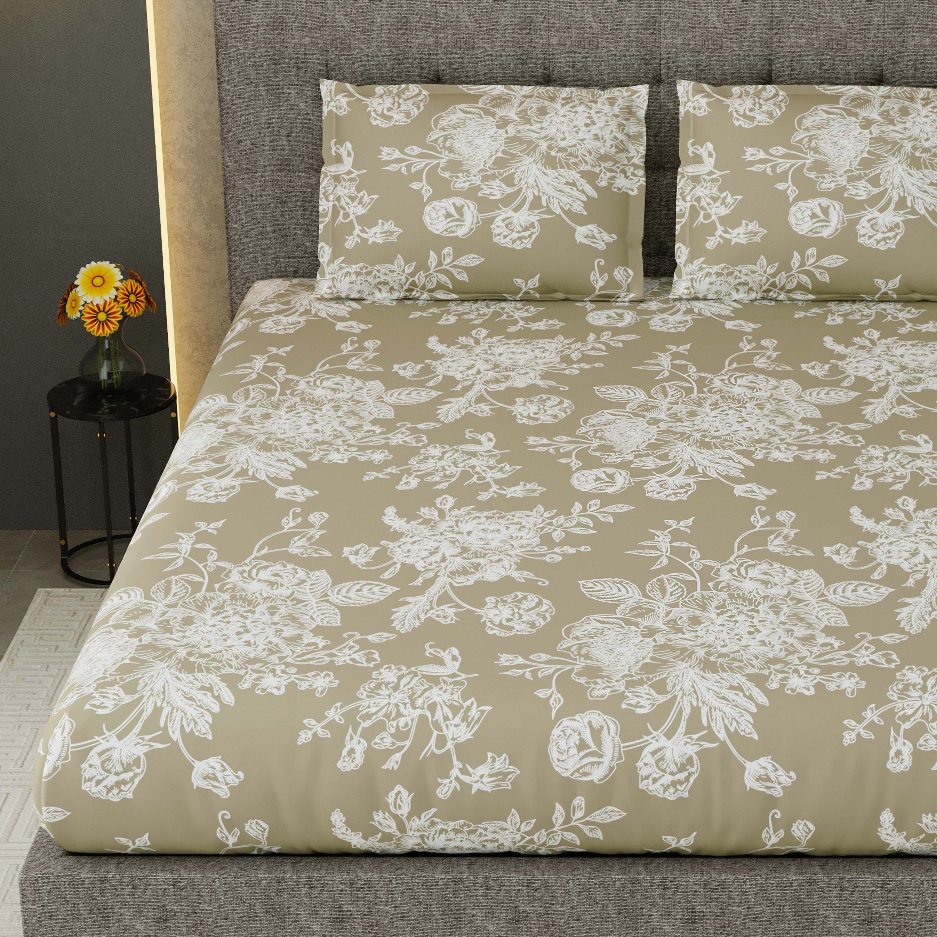 Printed Bedsheet- Double Bed -Bouquet-Muddy Brown