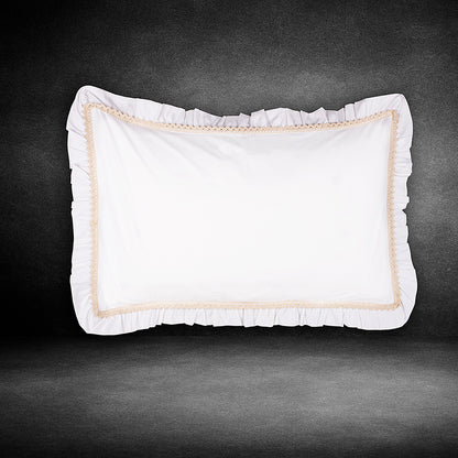 V2G Plain Color Pillow Covers-White with Cream Lace- Pair